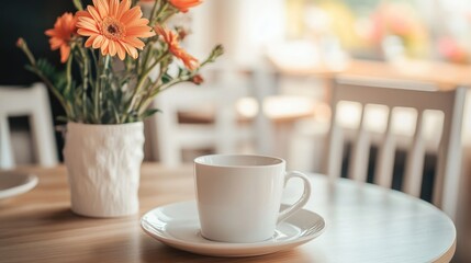 Warm cup of coffee beside vibrant flowers in cafe