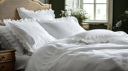Elegant white bedding in a cozy bedroom setting