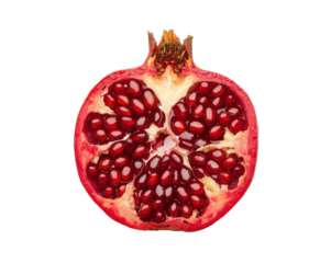 Vibrant pomegranate section revealing ruby red jewel like seeds against stark field
