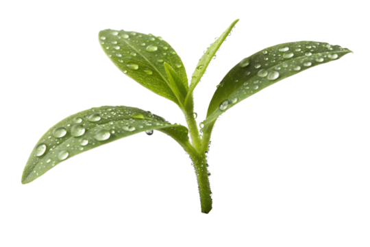 Close-up shot of a fresh, vibrant green plant seedling, showcasing its growth and vitality with water droplets, perfect for nature-related content