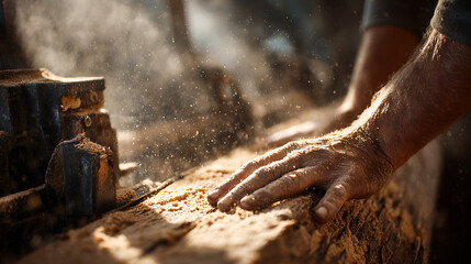 A close-up of a sawmill worker's hands guiding a large log into a band saw, with sawdust flying.
