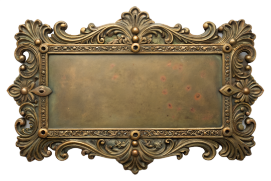 Ornate Vintage Rectangular Brass Plaque with Decorative Flourishes and Scrollwork, Ideal for Personalized Engraving or Signage