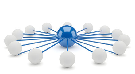 Metallic Hub-and-Spoke Network Diagram with Central Blue Node Connecting White Spheres for Concept of Connectivity
