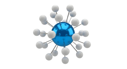 Metallic Hub-and-Spoke Network Diagram with Central Blue Node Connecting White Spheres for Concept of Connectivity