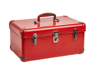 Vintage red metallic carrying toolbox case with silver clasps for tools or equipment