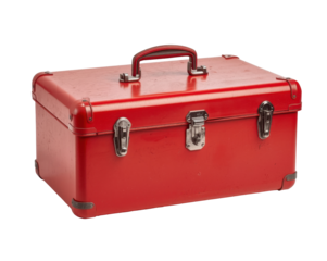 Vintage red metallic carrying toolbox case with silver clasps for tools or equipment