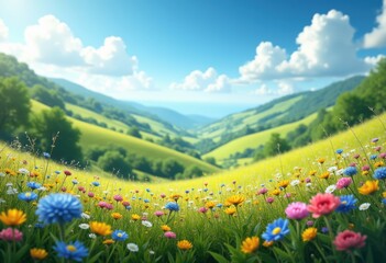 Obraz premium Vibrant Wildflower Bloom in Lush Green Valleys Nature Landscape Spring Colorful Serenity