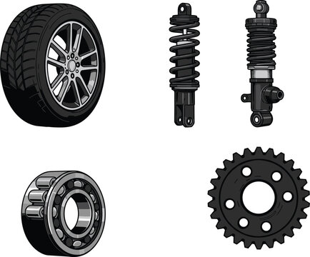Car parts vector illustration including tire, shock absorber, bearing, and gear, detailed automotive components set for repair, maintenance, and mechanical design concepts
