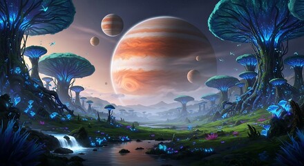 Enchanting extraterrestrial landscape with luminous flora and planetary alignment