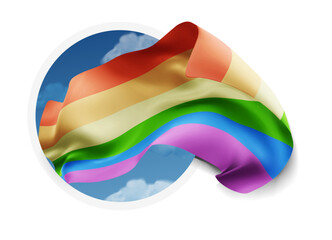 Rainbow,vector 3d flag against a blue sky, through a round hole on a white background
