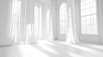 Bright room with flowing curtains and windows