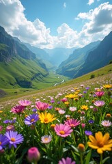 Fototapeta premium Vibrant Wildflowers Blooming in Lush Green Valleys Nature Landscape Spring Awakening
