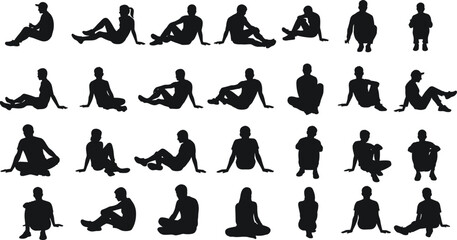Silhouettes of men and women sitting, relaxing, casual poses, various angles, black vector isolated on white background, diverse people resting illustration