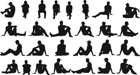 Silhouettes of young men sitting, casual posture, relaxed, streetwear, hats, vector illustration, isolated black figures, various seated poses, resting, leisure time, urban style