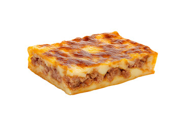Delicious baked lasagna slice with minced meat and melted cheese, isolated on white background. Perfect for food design, menu, cooking, and culinary projects.