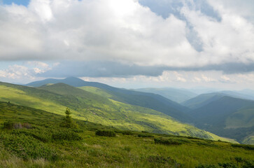 Obraz premium Beautiful scenic view of a mountain valley featuring vast lush green mountains under a partly cloudy sky, showcasing nature's tranquil beauty and serene atmosphere. Carpathian Mountains, Ukraine