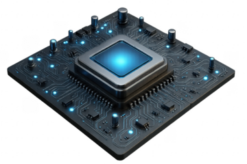 Modern CPU Processor Unit with Blue Lights on Transparent Background