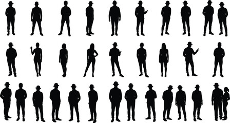 Silhouettes of standing people in various poses, casual male and female figures, group shadow vector illustration, isolated urban lifestyle characters, clipart set