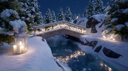 Enchanting snow-covered bridge over a glowing stream at night