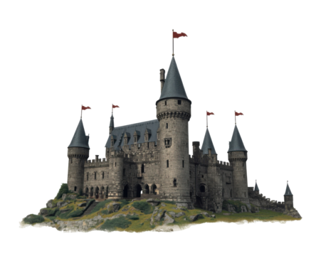 Majestic Medieval Castle with Red Flags Standing Proudly Against the Sky Isolated