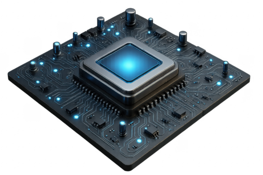 Modern CPU Processor Unit with Blue Lights on Transparent Background