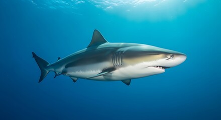 Fototapeta premium Majestic shark gliding effortlessly through the cerulean depths of its ocean realm effortlessly