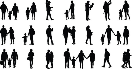 Silhouettes of families walking together, parents with children vector, family outdoor clipart, black family silhouettes, diverse family members, parenting and love illustration