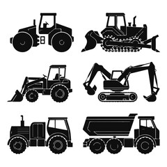 Construction Vehicles Silhouette Vector Bulldozer Excavator Dump Truck Tractor Heavy Equipment Icons for Building Projects