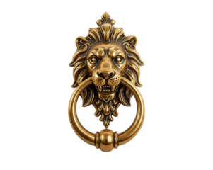 Ornate golden lion door knocker evokes strength and regal elegance on front entrance