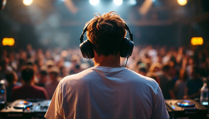 DJ seen from behind at console, crowd blurred in golden light