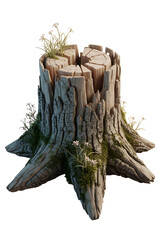 Weathered tree stump, nature's remnant, overgrown with moss and small flowers.

