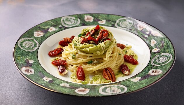 lagane pasta with creamy pistachio sauce and sun dried tomatoes served on floral plate lagane pasta pistachio dish lagane pasta with pistachio sauce