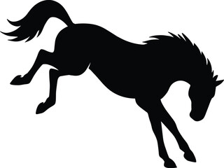 vector silhouette, bucking horse, arched back and kicked hind legs, side view, solid black