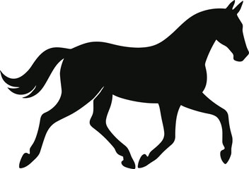 vector silhouette, trotting horse mid-step, lifted foreleg, side view, solid black