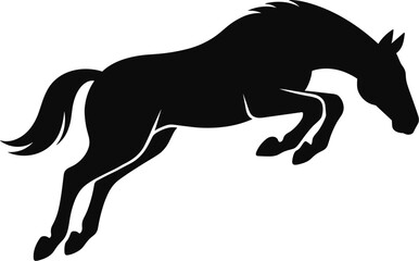 vector silhouette, horse jumping over low rail, knees tucked, side view, solid black