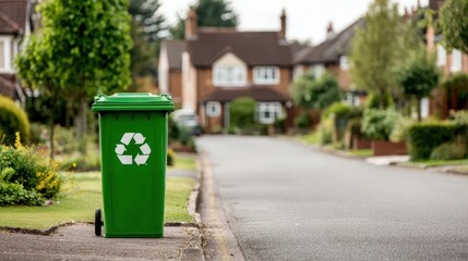 Premium photo of green recycling bin on residential street. Clear eco signage promotes sustainability. Houses, lawns visible in background. Ideal for eco themes, waste.