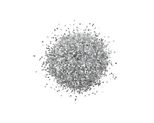 Silver colored glitter pile gleaming on a dark surface, reflecting light and creating a sparkling effect