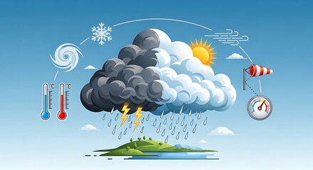 Illustration depicting various weather conditions and atmospheric phenomena with stylized elements