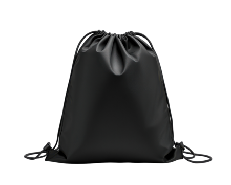 Sleek Black Drawstring Bag on Neutral Backdrop, Versatile and Stylish Accessory for Various Uses
