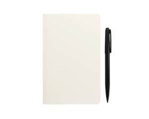 Stationery concept featuring an open notebook and elegant pen on a minimalistic composition