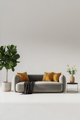Gray sofa with mustard cushions, plant, and small table. Modern minimalist living room.
