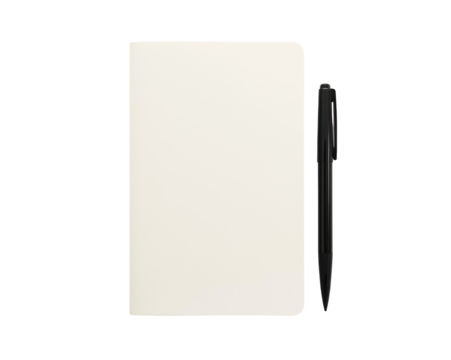 Stationery concept featuring an open notebook and elegant pen on a minimalistic composition