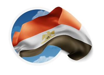 Iran, vector 3d flag against a blue sky, through a round hole on a white background