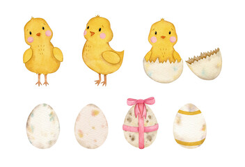 Set of watercolor chickens and eggs illustration. Hand-painted traditional chicks and egg clipart collection, rustic farm design elements