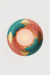 Circular light fixture, teal, coral, and gold patterns. Geometric design.
