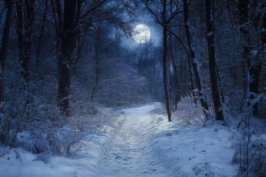 Moonlit path through a snowy forest