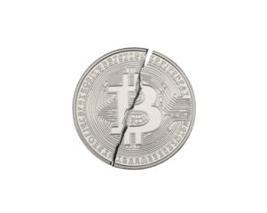 Symbolizing Financial Turmoil, A Cracked Bitcoin Coin Against Uncertainty In Cryptocurrency Investment