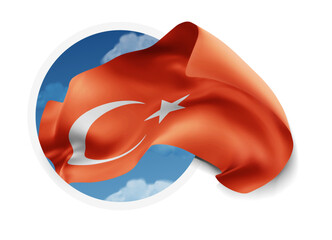 Turkey, vector 3d flag against a blue sky, through a round hole on a white background