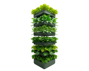 Vertical gardening tower showcase with vibrant assorted plants stacked in multiple containers