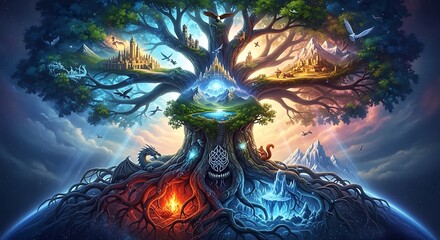 Obraz premium Enchanted arboreal nexus connecting realms, guarded by mythical beasts and imbued with elemental